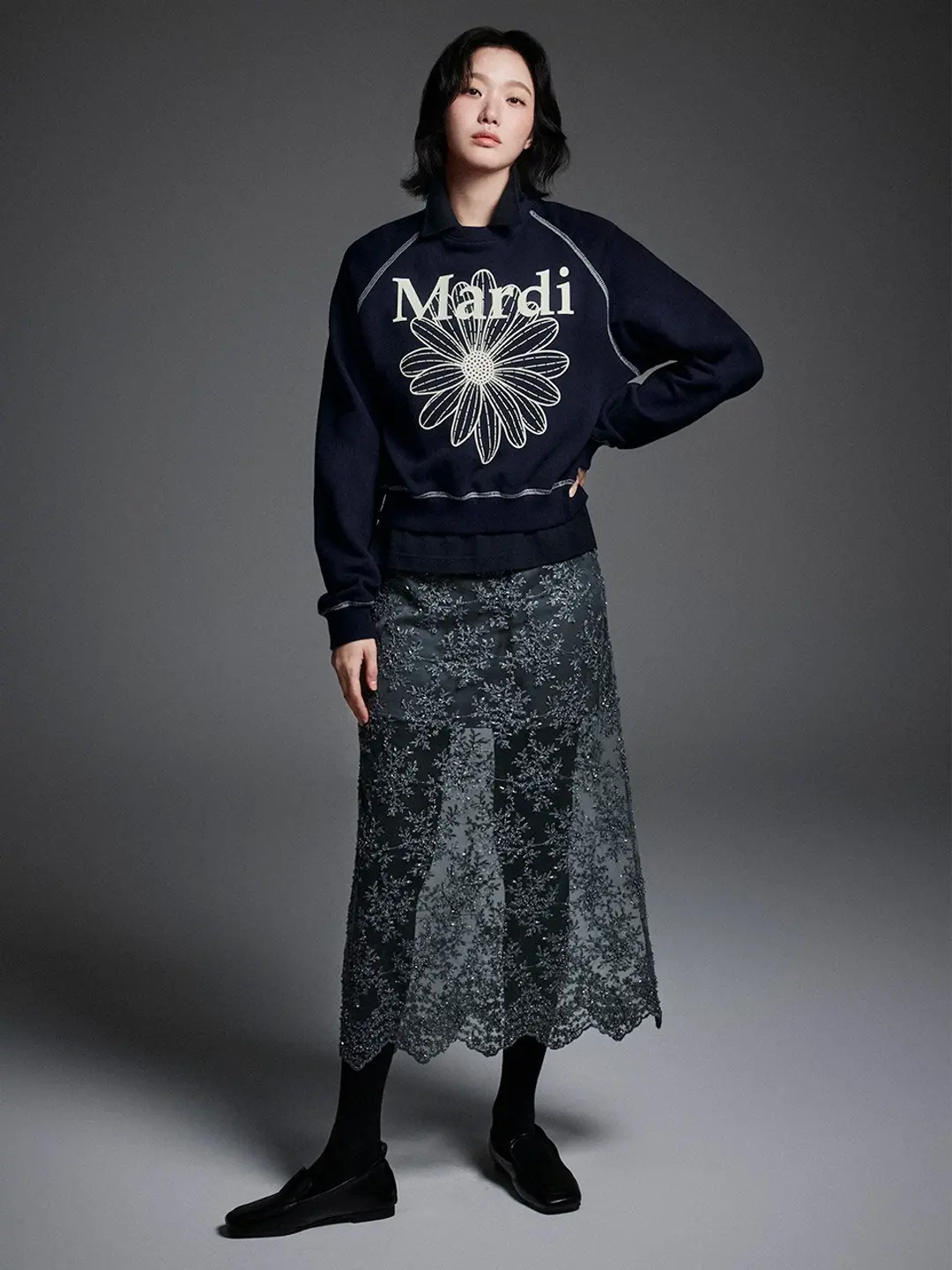 마르디 메크르디 SEQUIN LAYERED SKIRT LACE_KHAKI 상품 이미지 1
