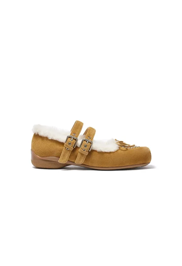 SHEARLING HEART STUD BALLET FLATS, BROWN