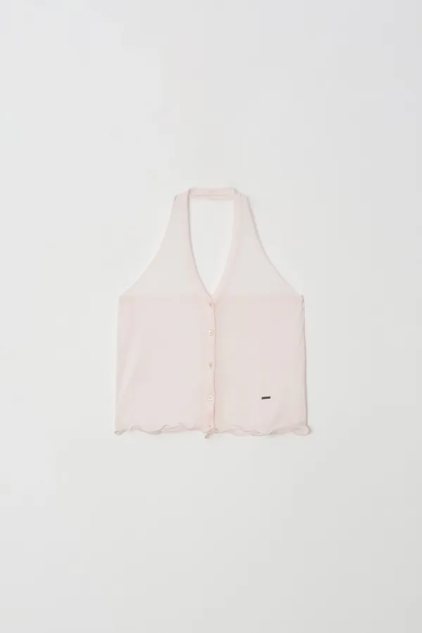 Sheer Embroidery Knit Halter Top (Iight pink)