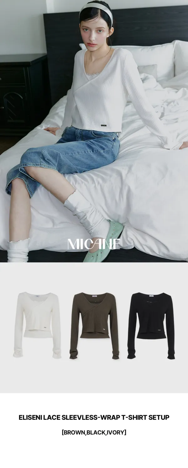 [44-120]  Eliseni Lace Sleevless-Wrap T-shirt Setup  엘리즈니 레이스 슬리브리스-랩 티셔츠 셋업 (가을-봄-데이트룩-출근룩-데일리룩-셋업-나시세트-티셔츠-랩티셔츠-브이넥-긴팔-슬림핏-레이스-여리핏-자체제작)