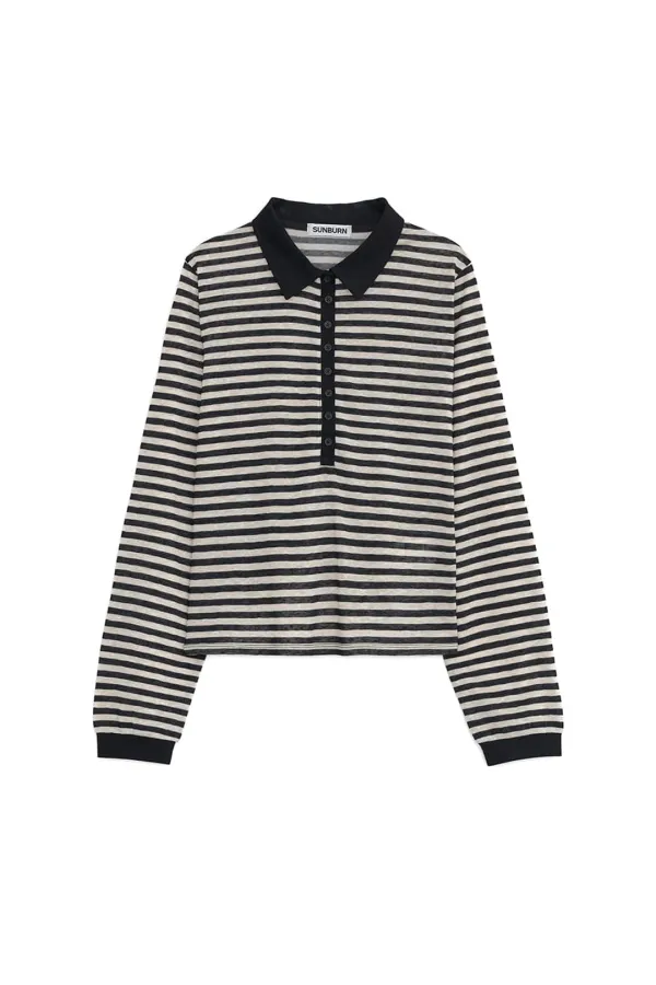 BUTTON UP STRIPE LONG SLEEVE TOP, BLACK