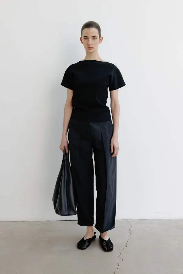 Structured pin-tuck cotton trousers _charcoal
