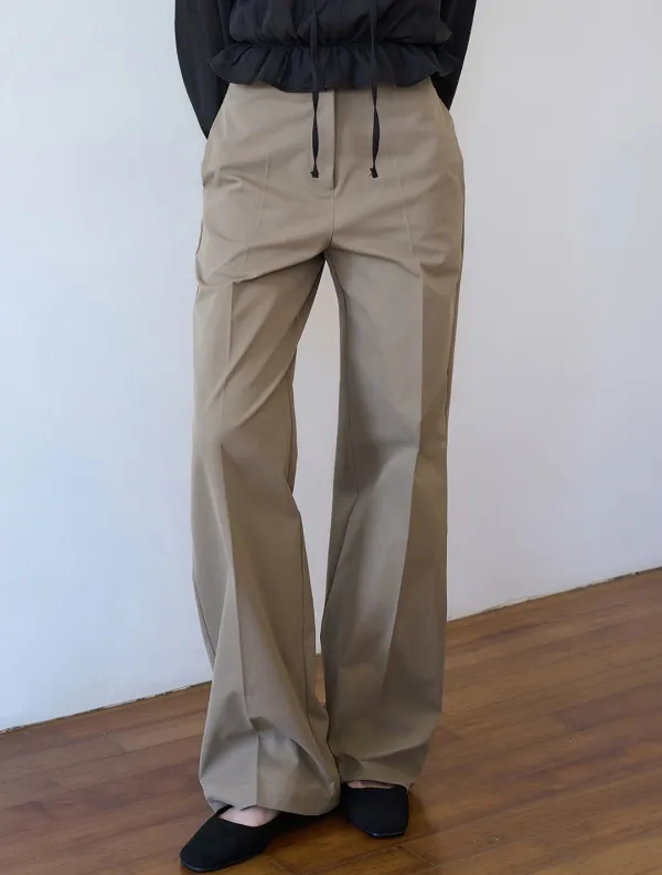 Button pocket straight cotton pants_Beige