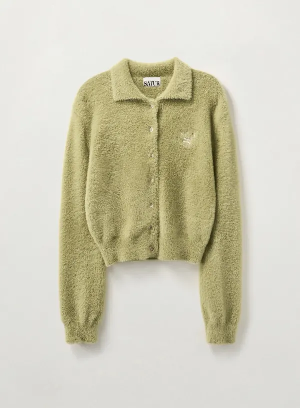 (W) Hairy Collar Knit Cardigan - Olive Green