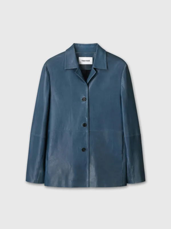 (W) VEGETABLE TANNED LAMB LEATHER OPEN COLLAR JACKET_ MID BLUE
