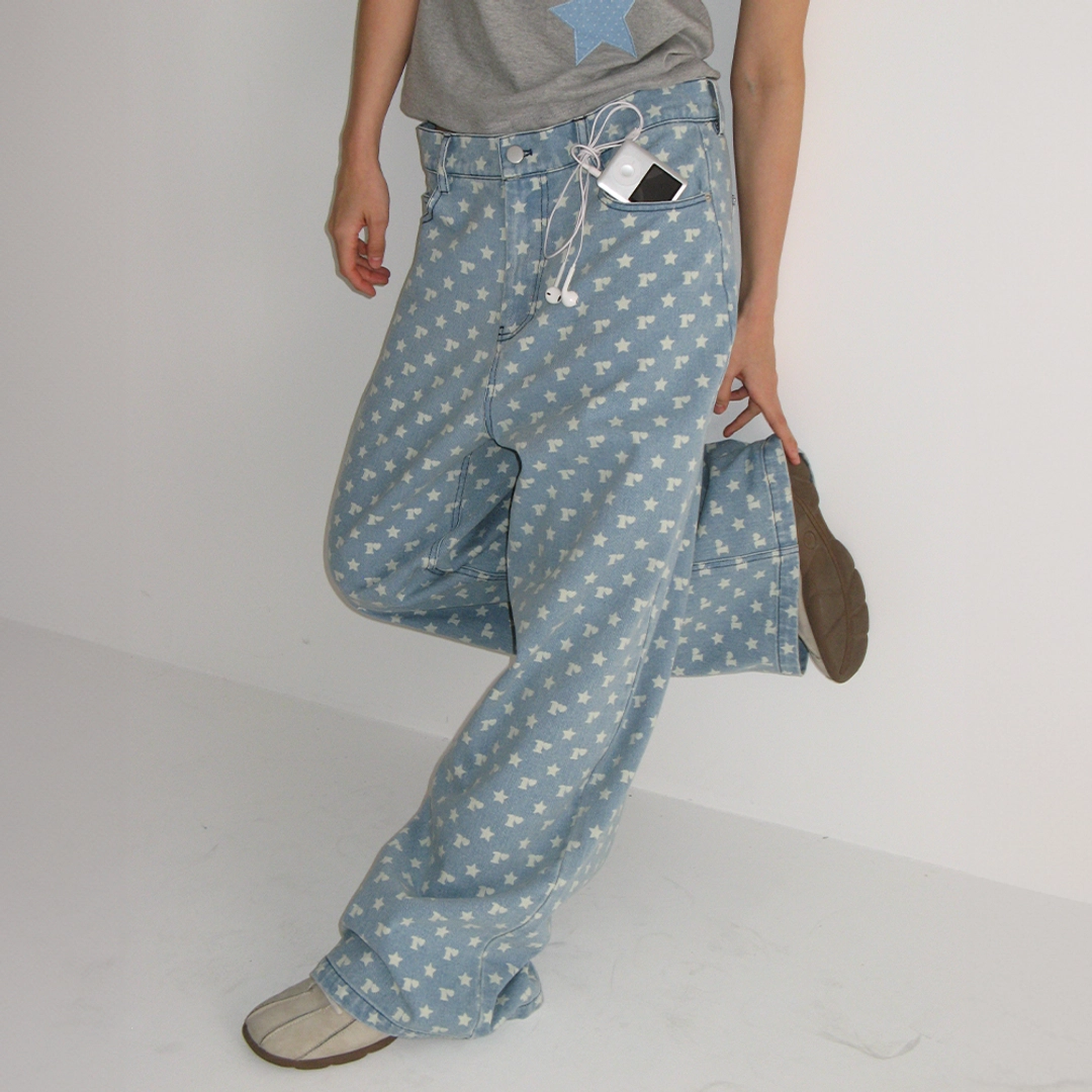 론론 R STAR PRINTED DENIM PANTS LIGHT BLUE 상품 이미지 2