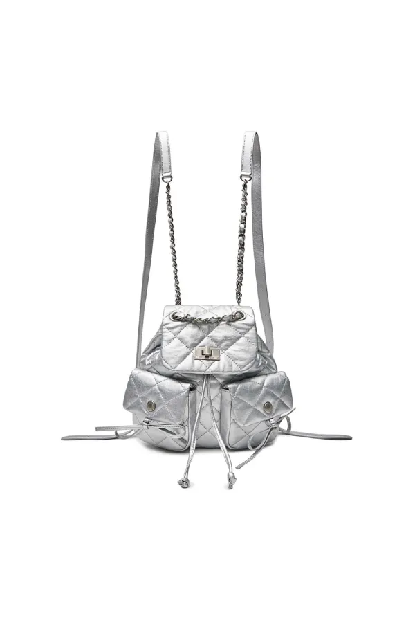DOUBLE POCKET QUILTING MINI BACKPACK IN SILVER