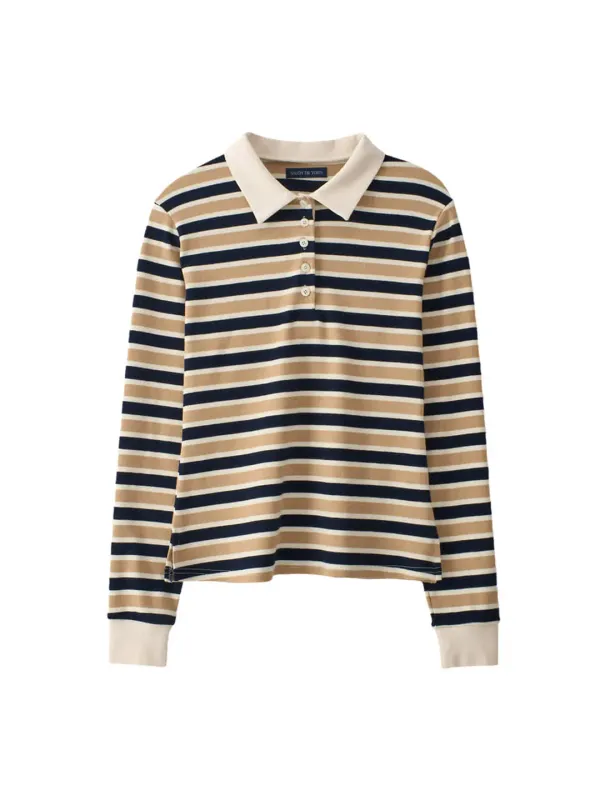 Striped Button Rugby Collar Shirt_ Beige