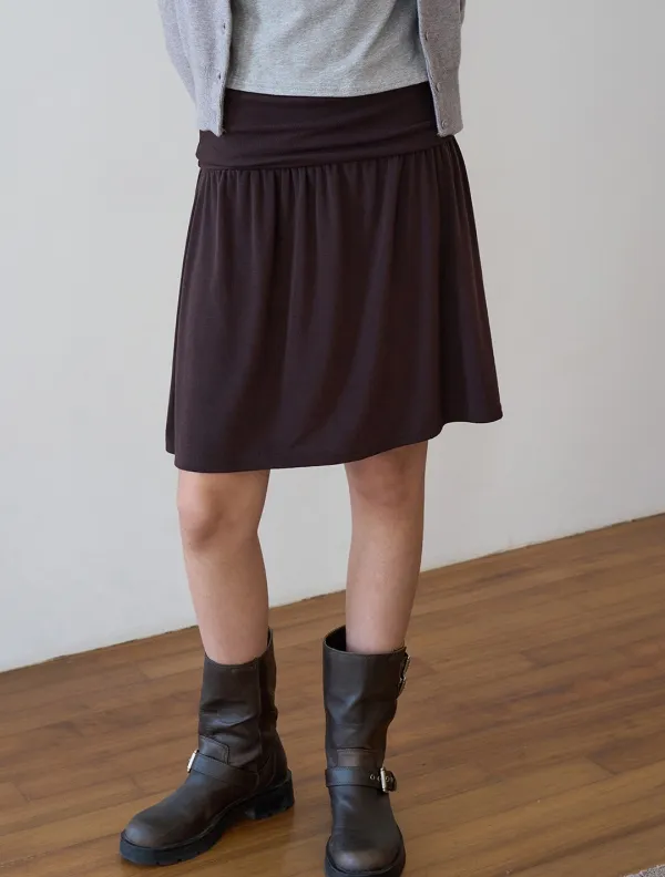 Folding shirring midi skirt_Brown
