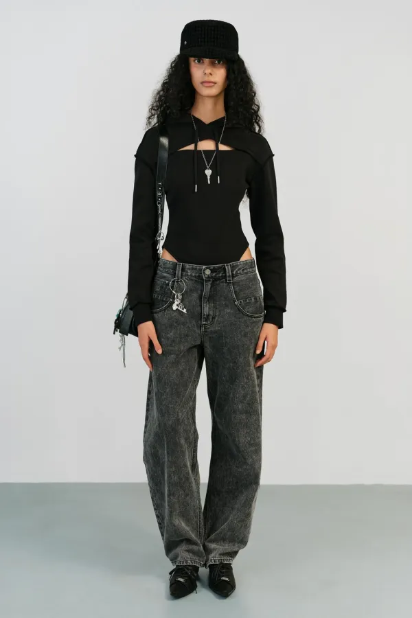 HOOD BOLERO BODYSUIT - BLACK