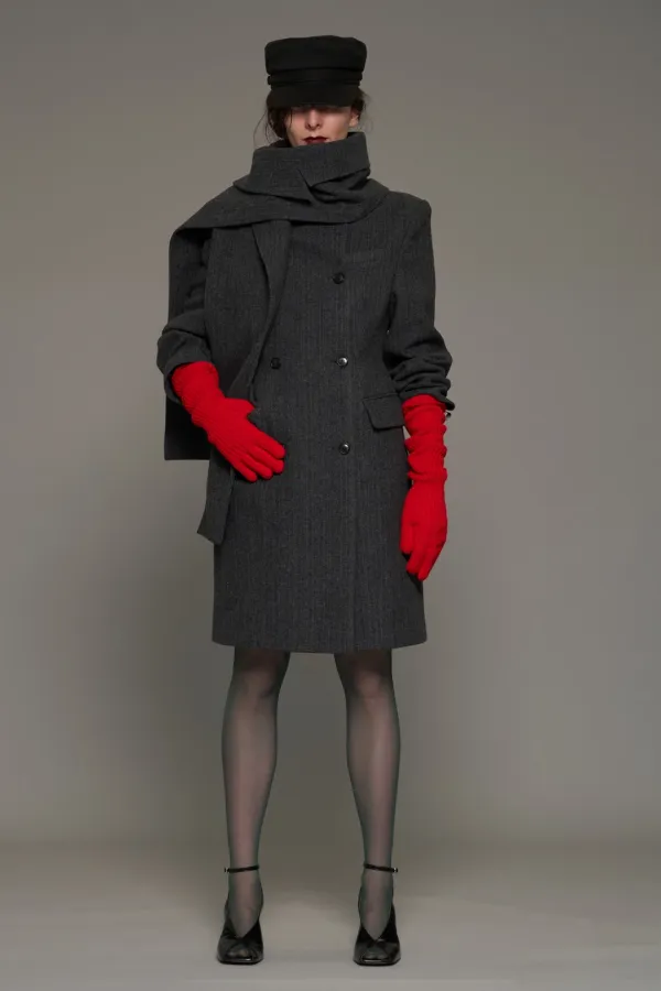 FW26 GRAY STRIPE DETACHABLE SCARF COLLAR COAT