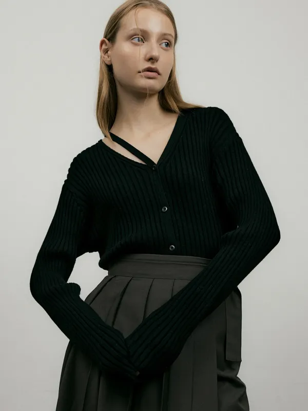 comos 715 neck cutout ribbed knit cardigan (black)