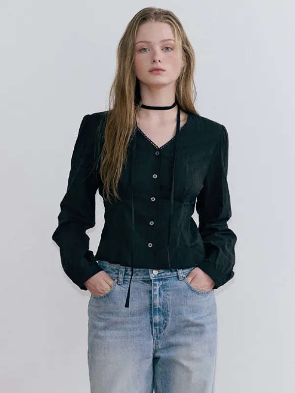 Lace Pintuck Strap Blouse, Black