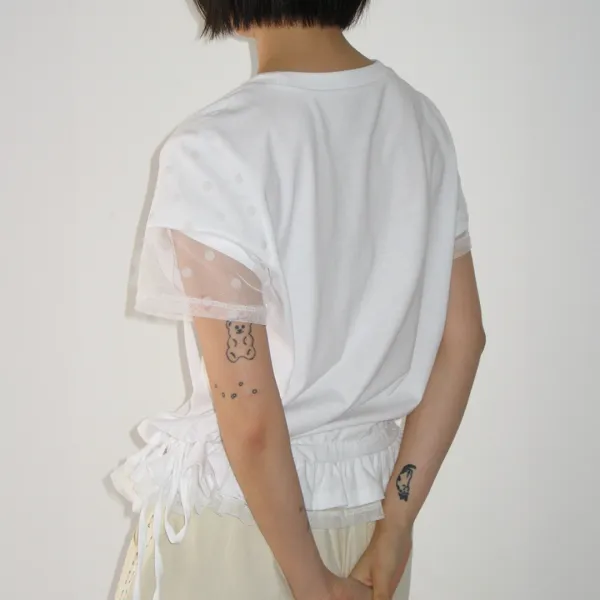 DOT MESH FRILL SHORT SLEEVE T SHIRT WHITE