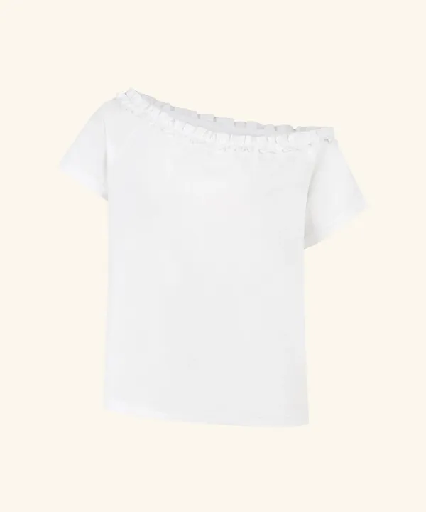 [레귤러 6/15 순차배송] Sove Frill One-Shoulder Short Sleeve T-Shirt (White)