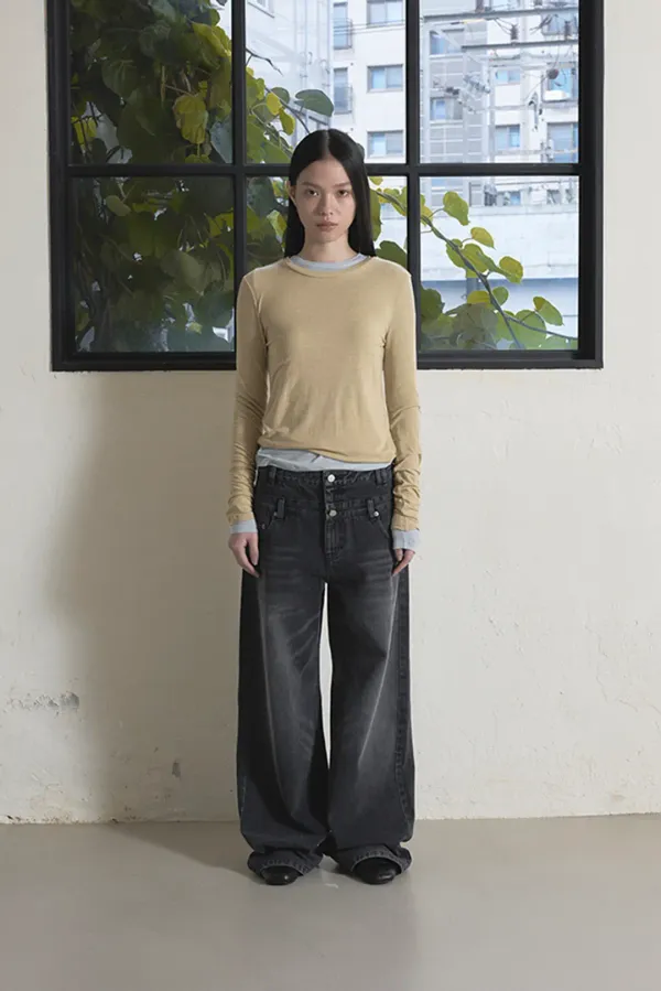[ESSENCIAL] DOUBLE WAIST DENIM PANTS - BLACK