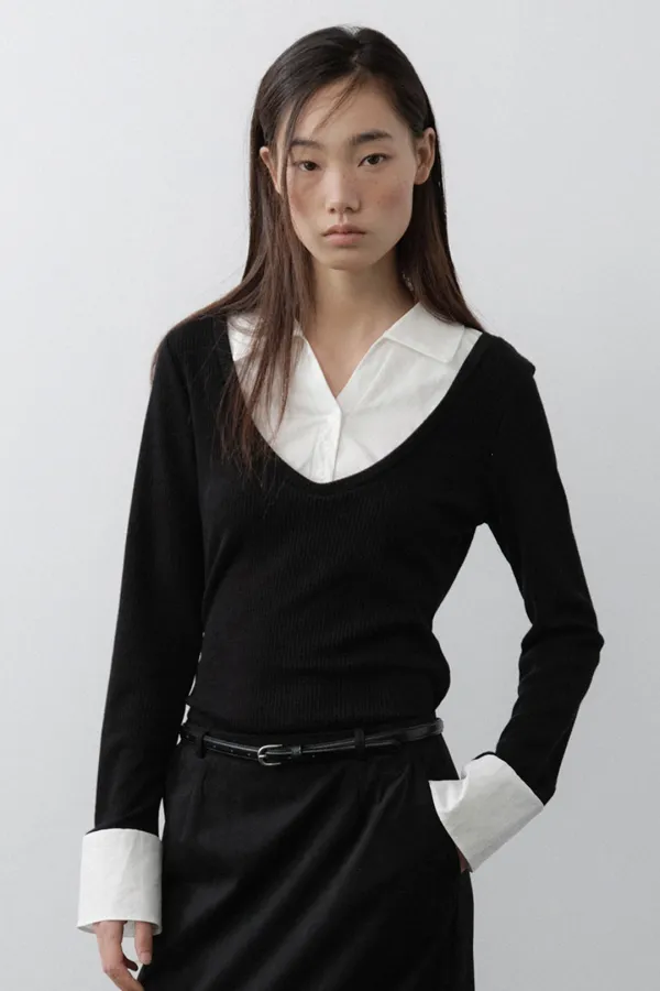 V-Neck Shirt Layered Top (Black)