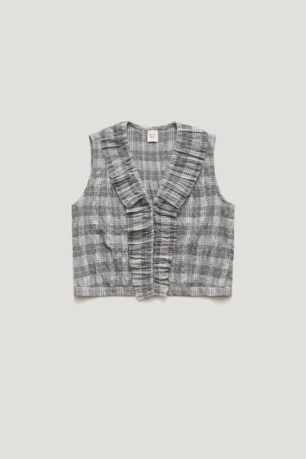 RUEL DOUBLE COLLAR CHECK BLOUSE_SMOKY GREY / ₩129,000