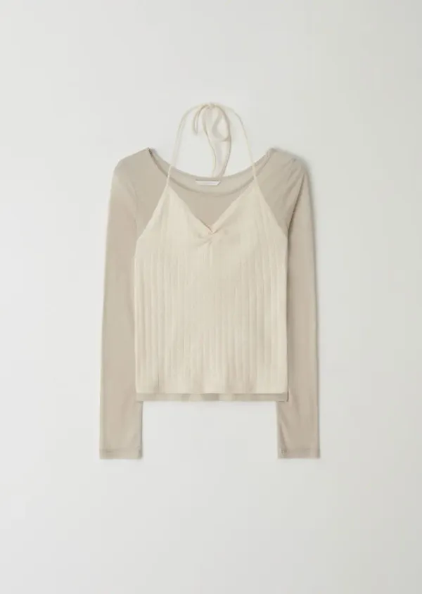 layered halter neck top set-ash beige/cream