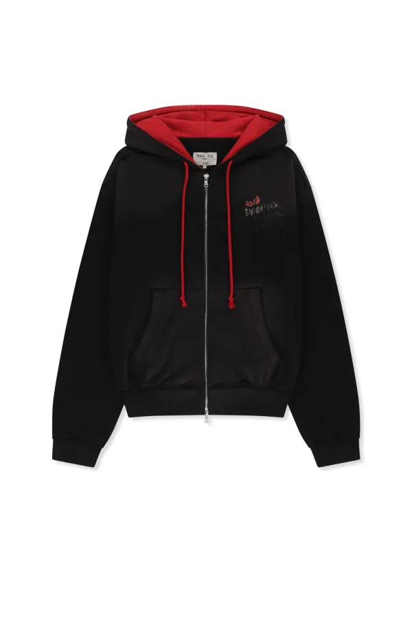 VINTAGE WASHED COLOR CONTRAST HOODY ZIP UP IN BLACK