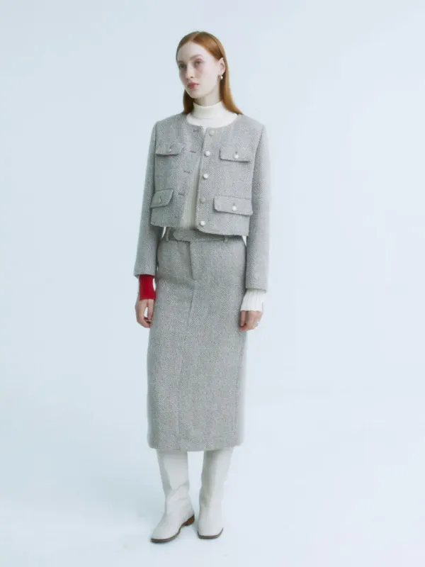 SOPHIA Tweed Wool Long Skirt_Beige