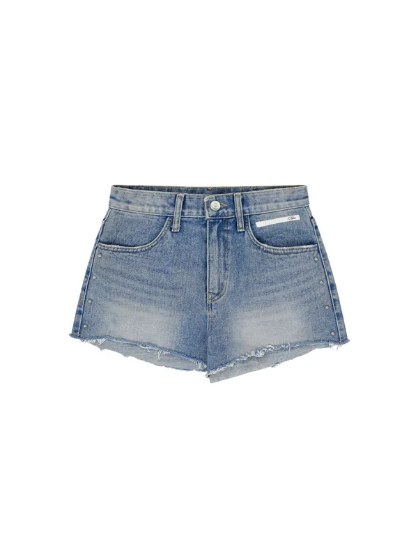 Studded Denim Shorts Light Blue
