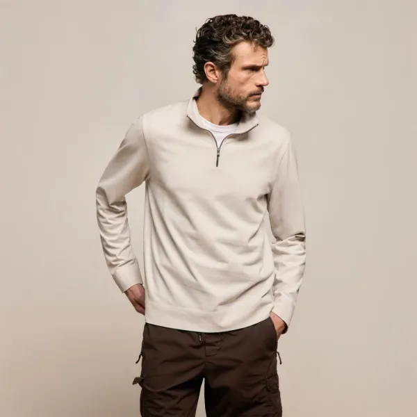 Organic Sueded Jersey Half Zip - Pearl