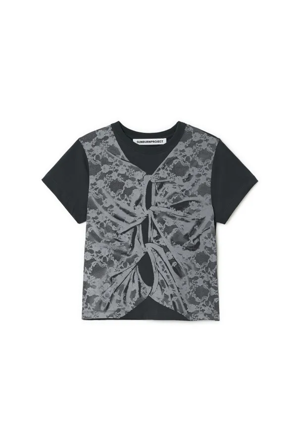 LACE PRINTING LAYERED T-SHIRT, CHARCOAL
