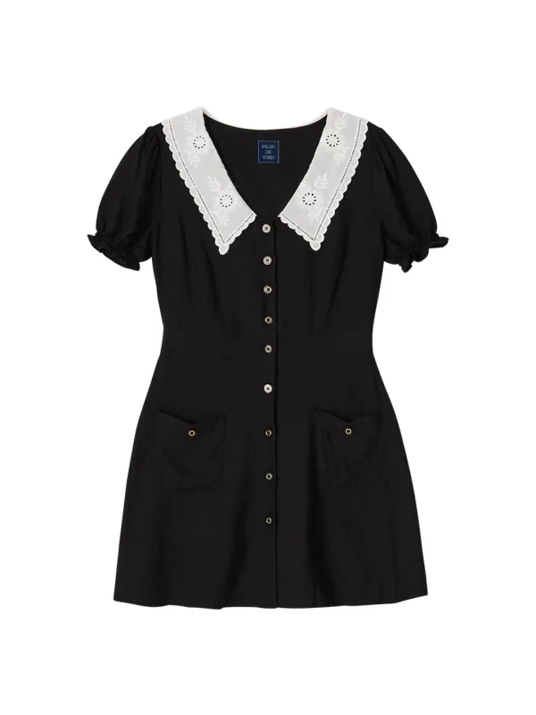 Lace Collar Linen Puff Shoulder Dress_ Black