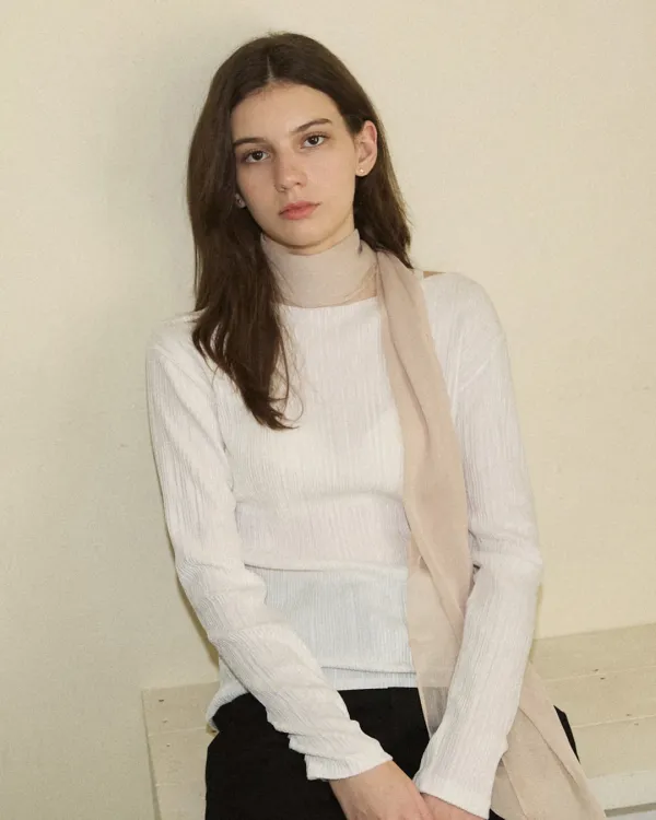 Wrinkle pleats boat neck t shirt - ivory
