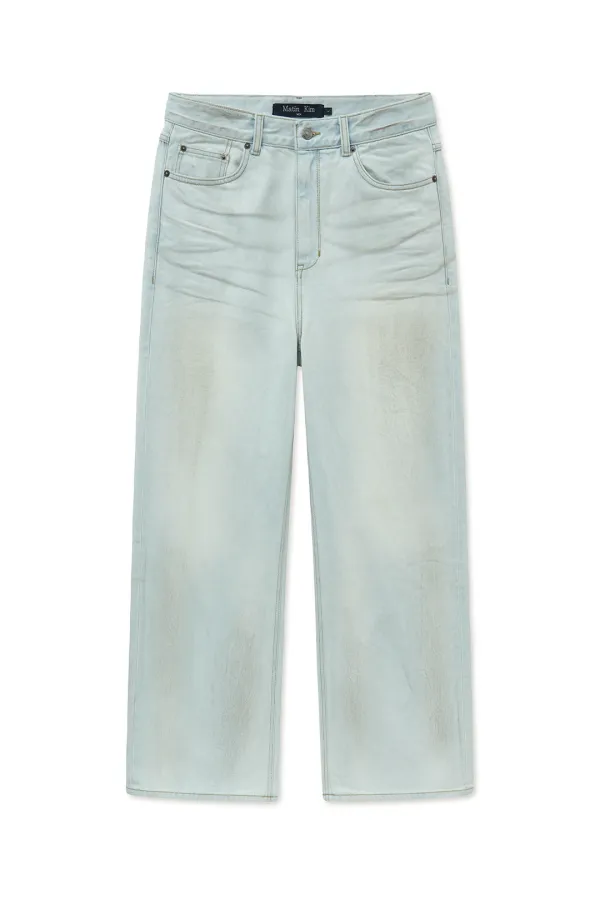 DIRTY WASHED DENIM PANTS FOR MEN IN LIGHT BLUE