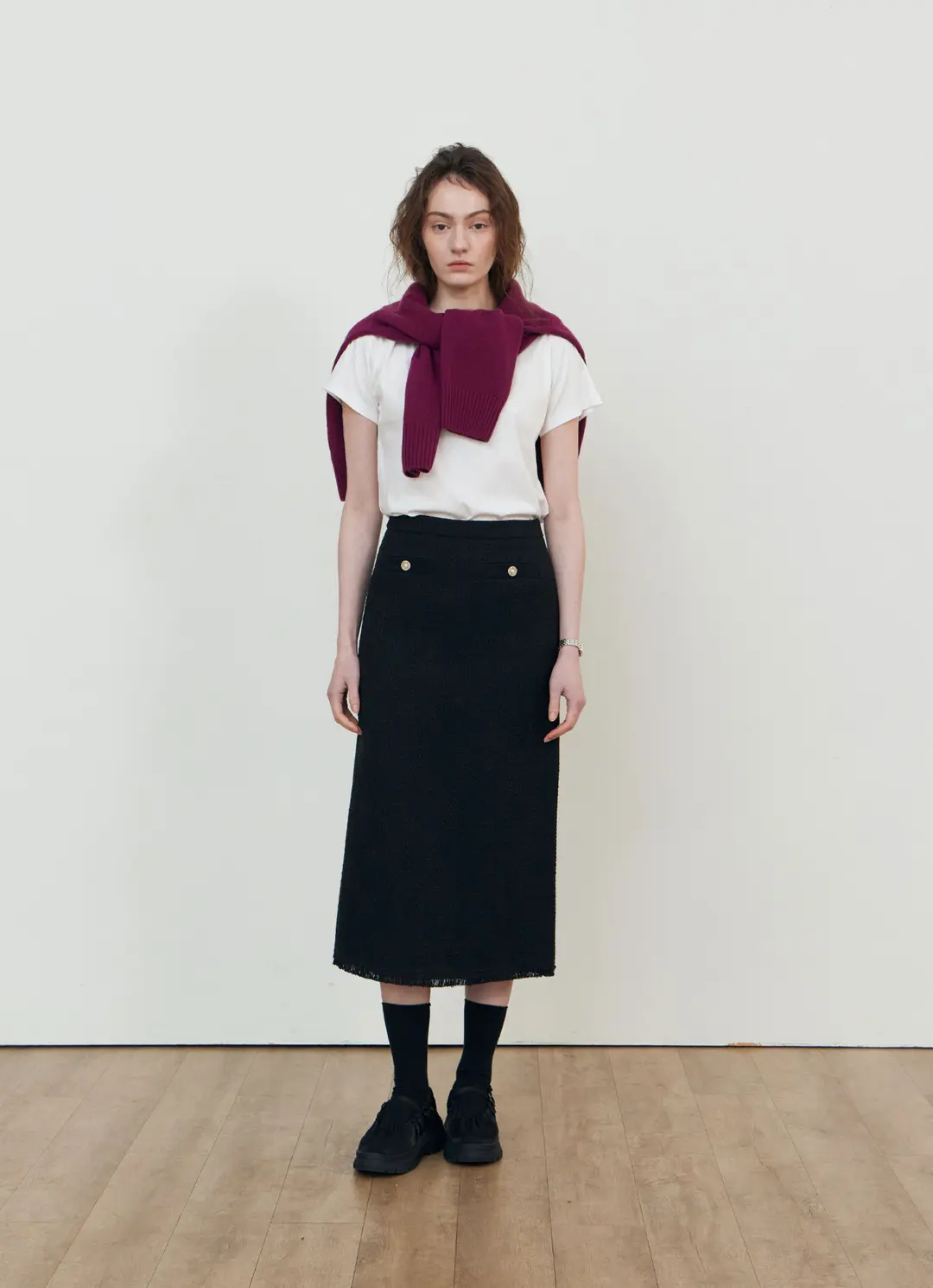 스텝어라운드 Tweed fringe H-line skirt_BLACK 상품 이미지 2