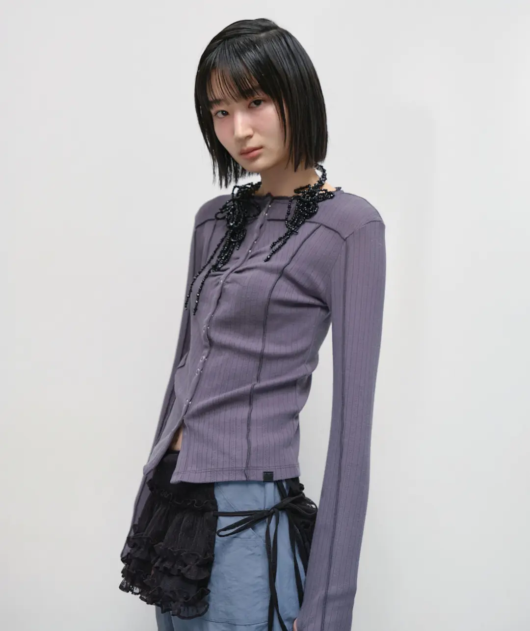 타입서비스 Ribbed Lace Cardigan [Charcoal] 상품 이미지 2