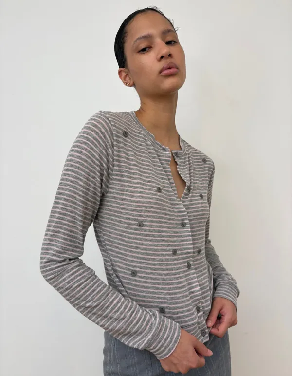 9/21 발송 STRIPE BUTTON PLAY CARDIGAN, PINK GREY