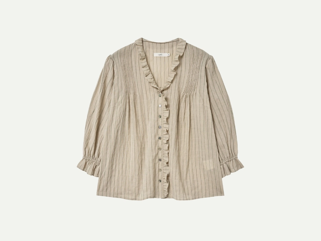 비아플레인 Via Victoria frill stripe blouse (Beige stripe) 상품 이미지 1