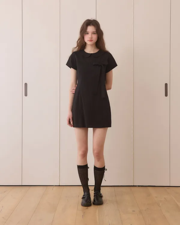 Oblique ribbon mini dress - black