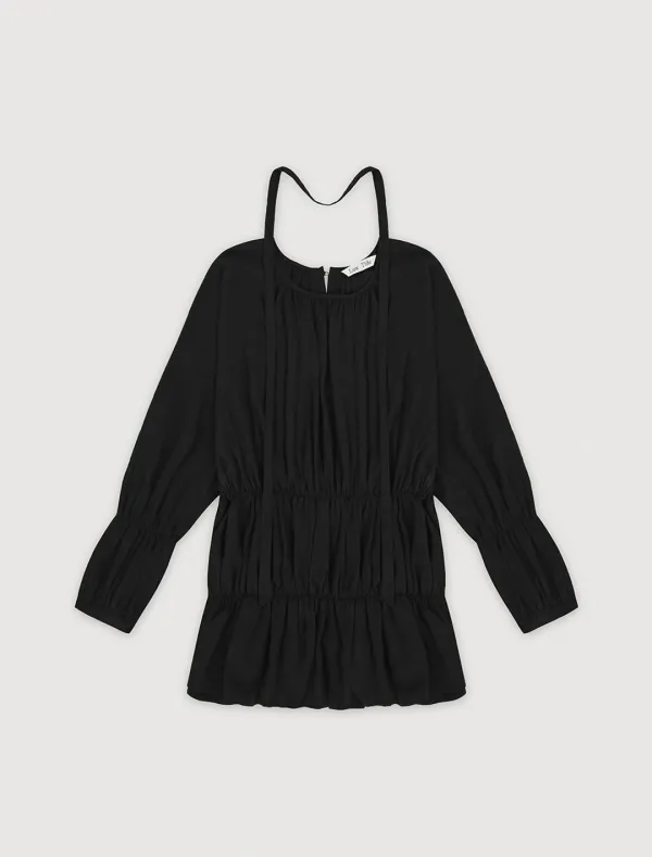 SCARF SHIRRING BLOUSE [BLACK]