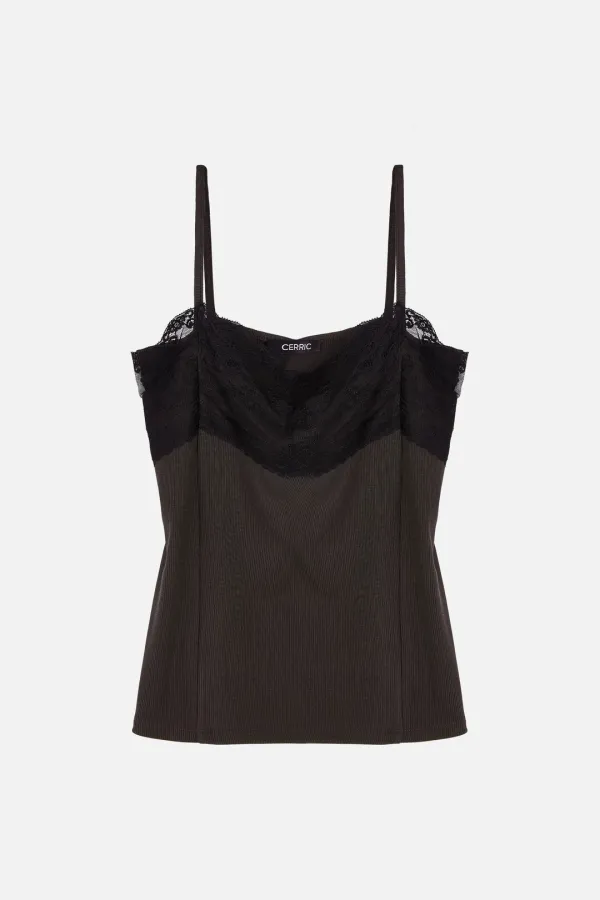 Lace Trim Sleeveless _ Brown