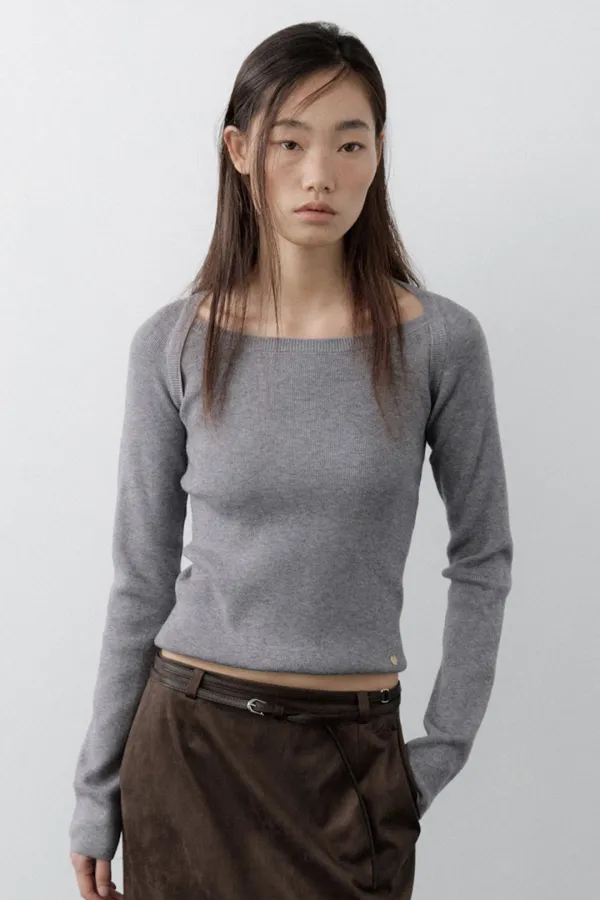 Wool Boatneck Bolero Knit Top (Charcoal)