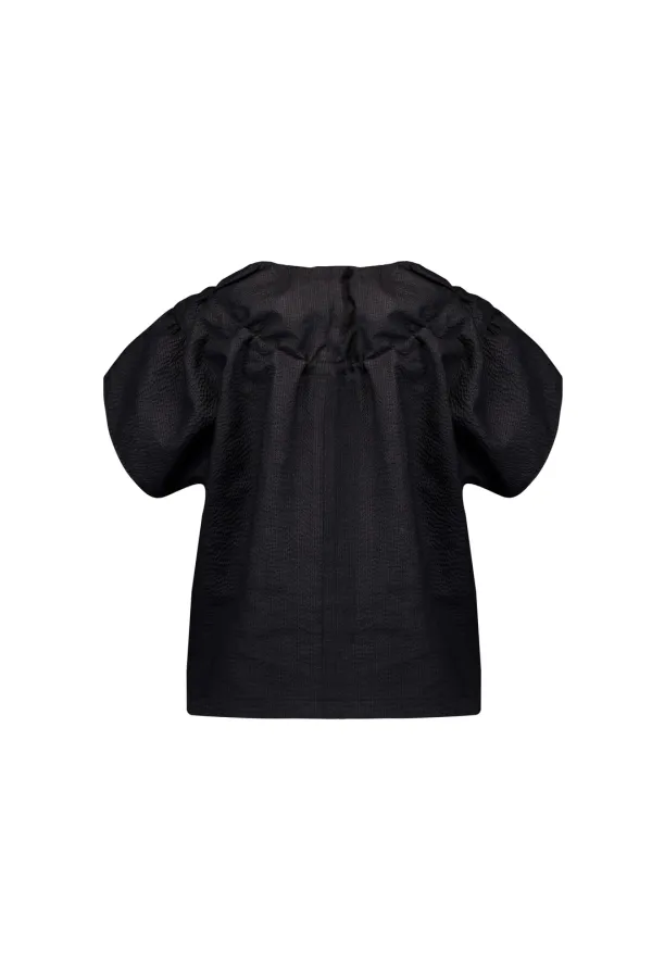 SHIRRED TIE-NECK BLOUSE (BLACK)