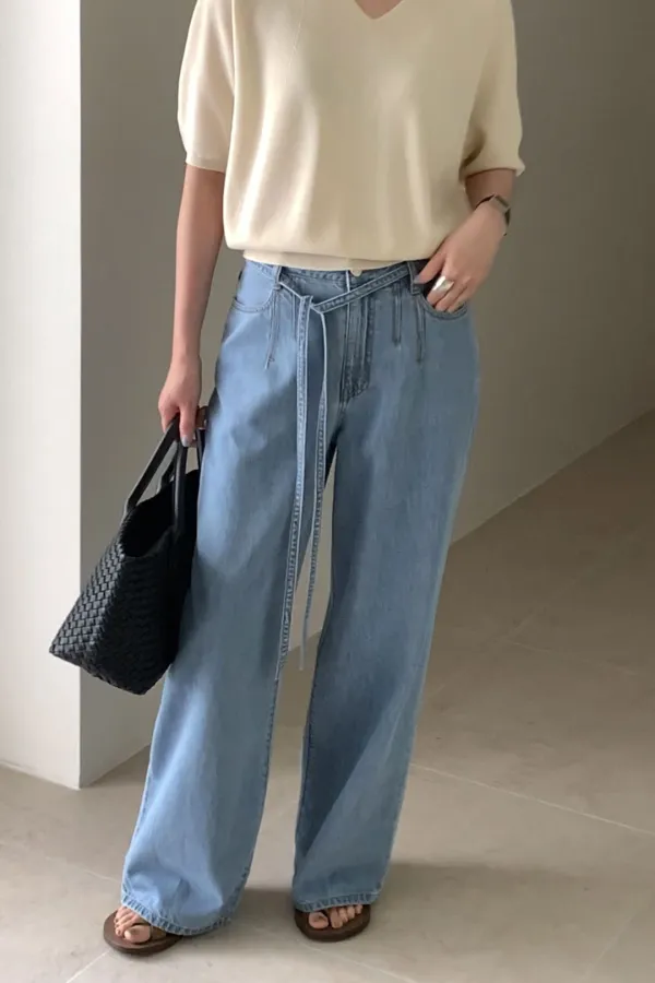 벨티드 와이드 데님 팬츠