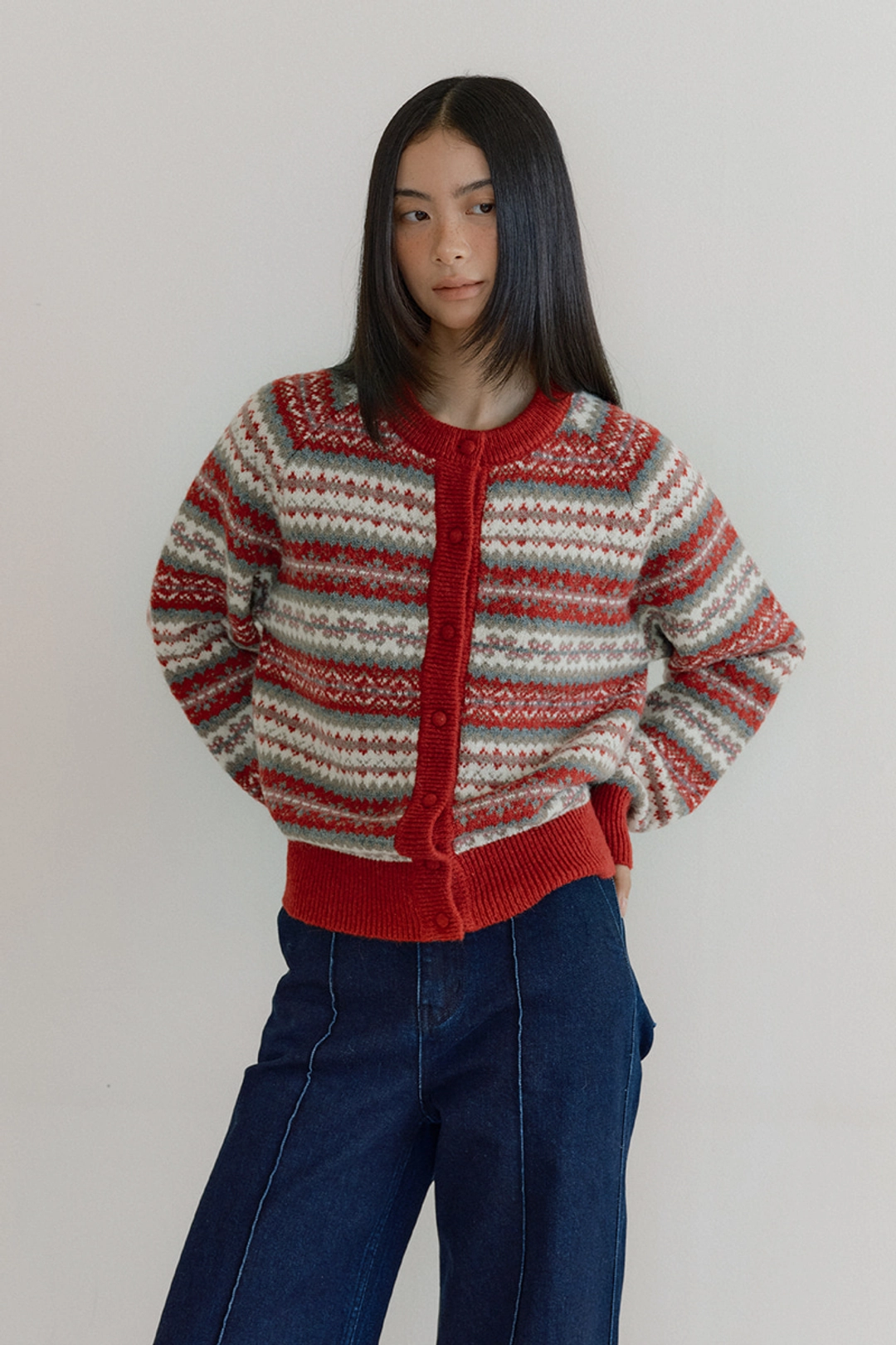 루시르주 Fair Isle Raglan Sweater Cardigan (red) 상품 이미지 1