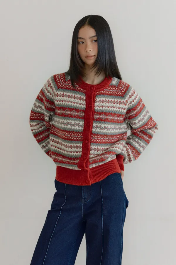 Fair Isle Raglan Sweater Cardigan (red)