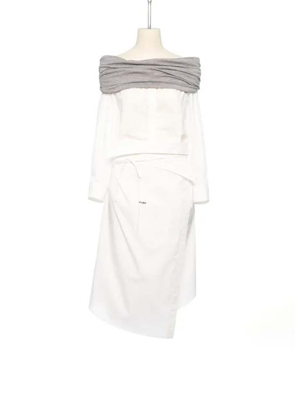 PF25 WHITE JERSEY SHOULDER WRAP DRESS