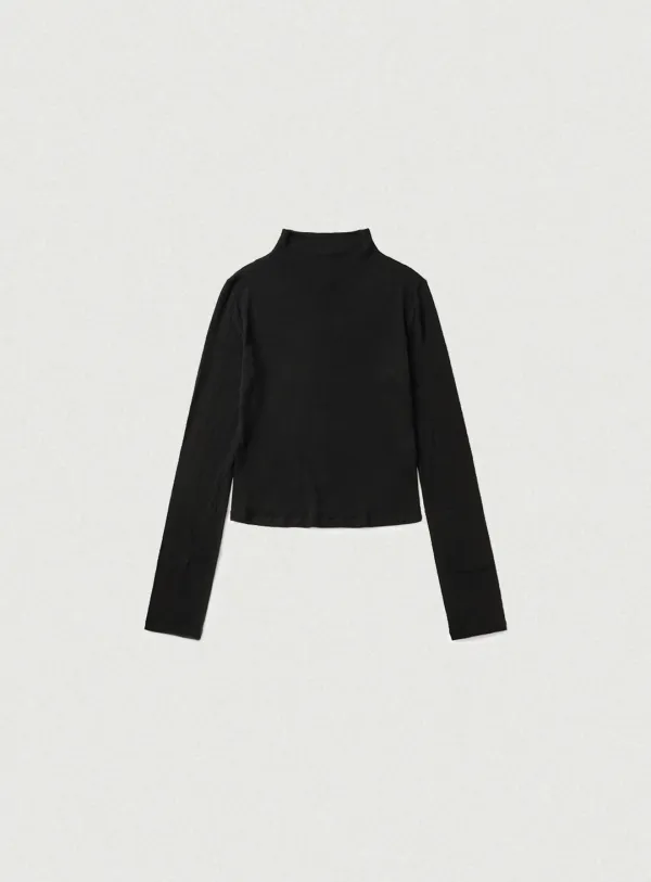 Wool Tencel Mock-Neck Long Sleeve T-Shirt_Black