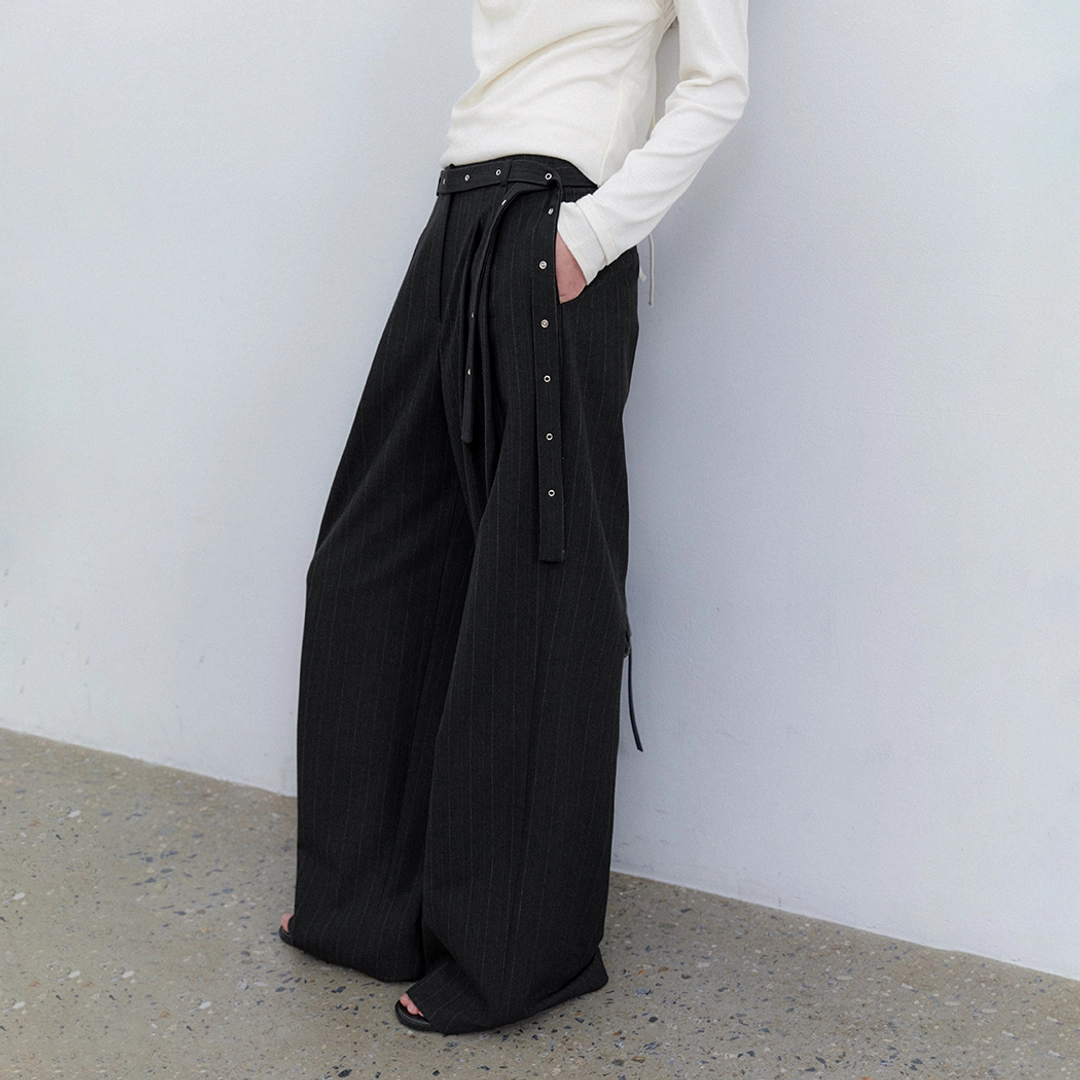 아뜰리에 나인 (PT-5816)EYELET BELTED STRIPE TWO TUCK PANTS S 상품 이미지 1