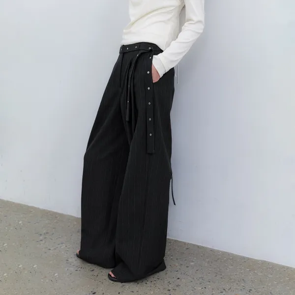 (PT-5816)EYELET BELTED STRIPE TWO TUCK PANTS S