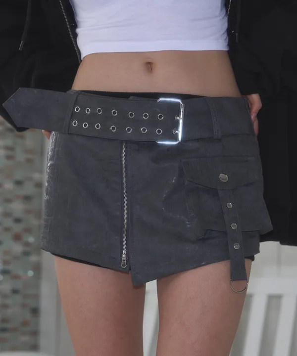 Belt pocket layered skirt [Gray]