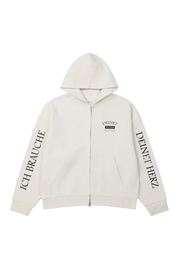 GERMAN LETTERING HOODIE ZIP-UP IN IVORY