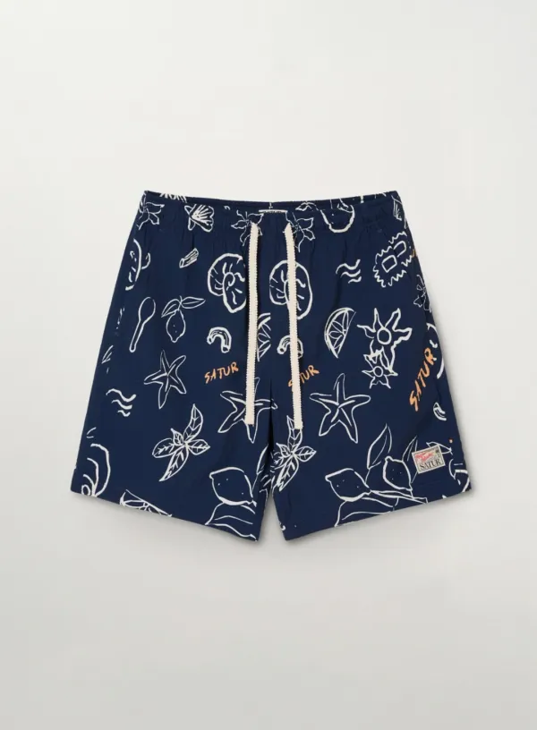 Hand Drawing Graphic Swim Shorts - Navy